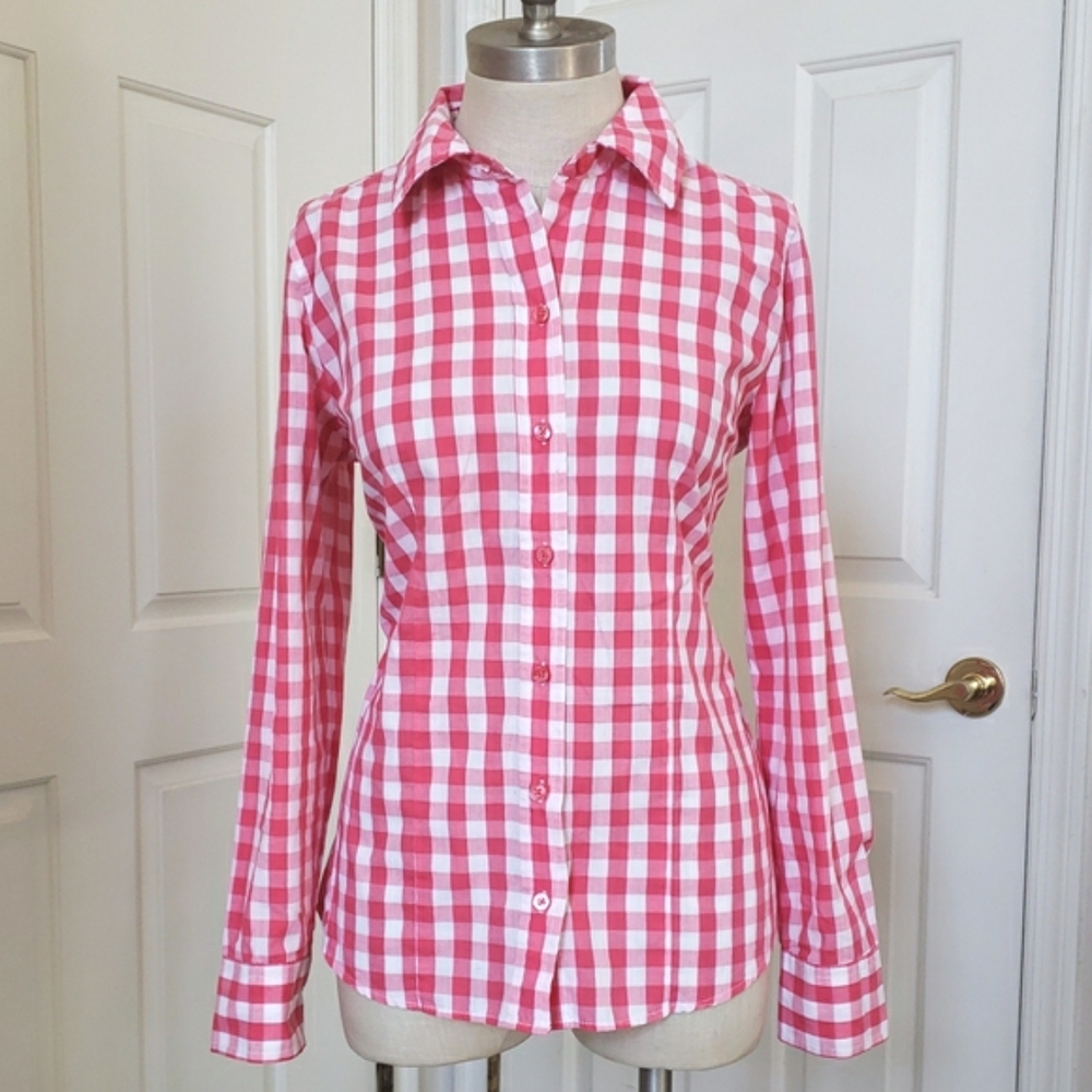 Vintage Red Pink Gingham Plaid Button Down Shirt S Cotton Long Sleeve Top - Picture 4 of 13